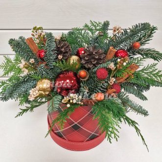 Коробочка елочных украшений и веток