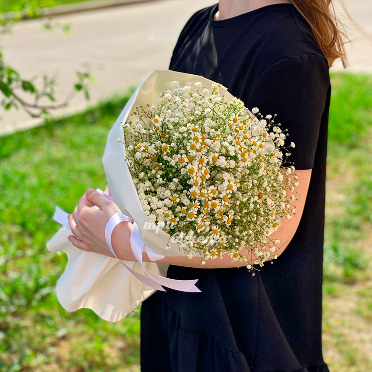 Белый букет из ромашек и гипсофилы