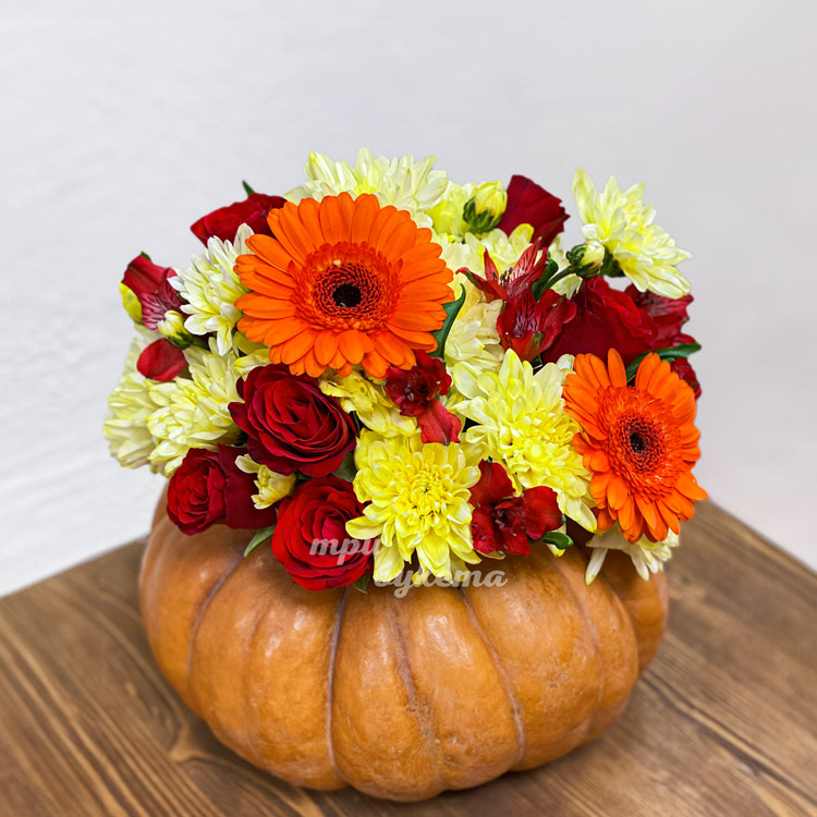 Композиция гербер, хризантем и роз в тыкве (крупный план)